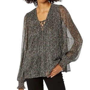 NWT RAMY BROOK Long Sheer Sleeve V-Neck Lace Up Lined Blouse Size X-Small
